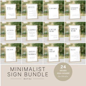 May include: A set of 24 minimalist wedding signs in gold frames. The signs include text such as "Blow Bubbles", "Sweets", "Favors", "Sanitizing Station", "In Loving Memory", "Ladies", "Cigar Bar", "Open Bar", "The Bar", "Advice & Wishes", "Oh Snap", and "Menu".
