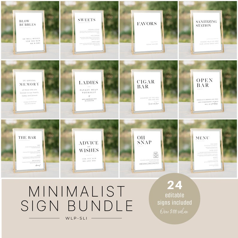May include: A set of 24 minimalist wedding signs in gold frames. The signs include text such as "Blow Bubbles", "Sweets", "Favors", "Sanitizing Station", "In Loving Memory", "Ladies", "Cigar Bar", "Open Bar", "The Bar", "Advice & Wishes", "Oh Snap", and "Menu".