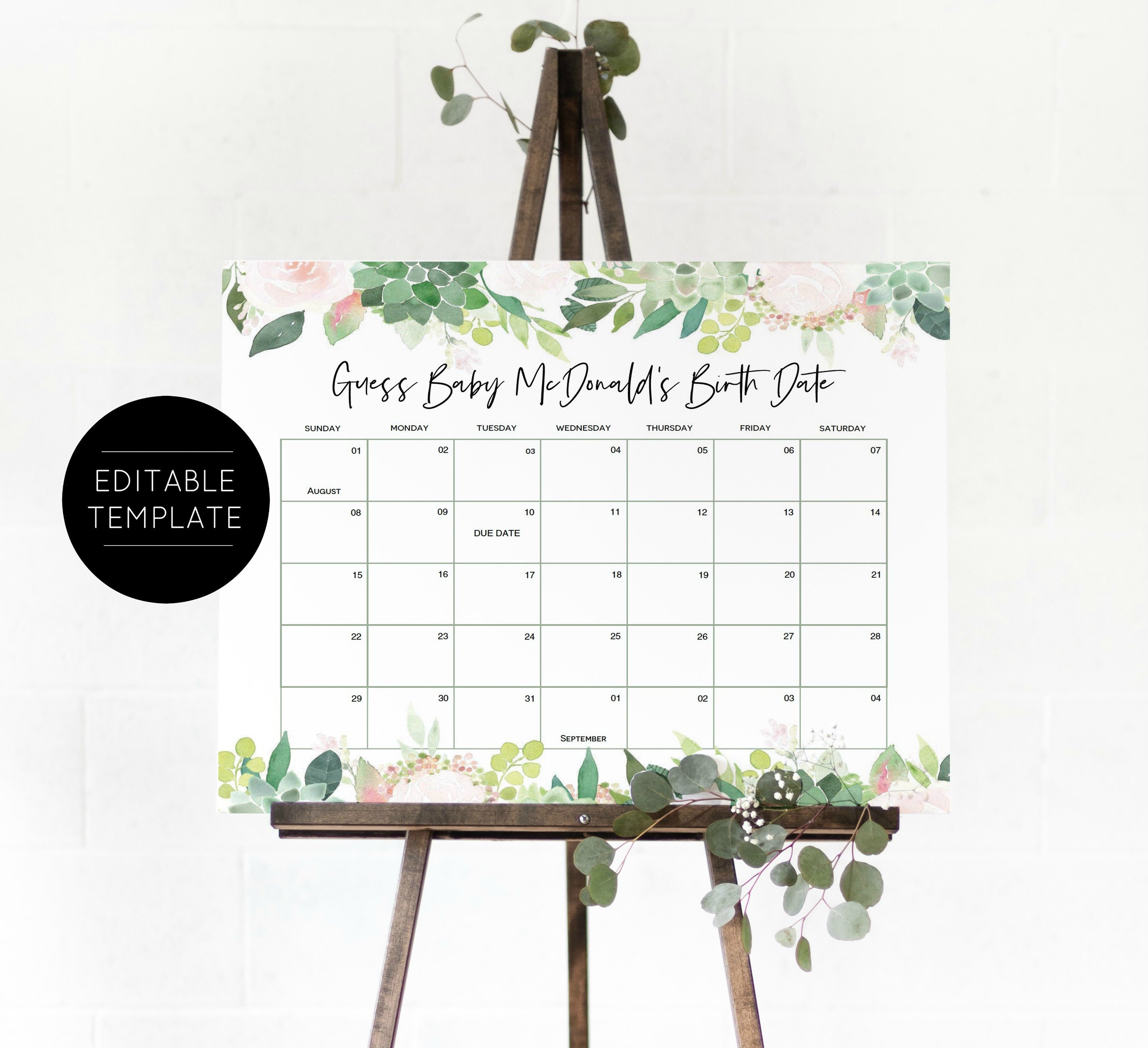 Succulent Baby Due Date Calendar Game Baby Shower Game Guess - Etsy