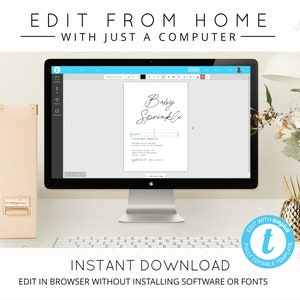 May include: A computer monitor displays a baby shower invitation template with the words "Baby Sprinkle" in elegant script. The image includes text that reads "Edit From Home With Just A Computer" and "Instant Download". The design is clean and modern.