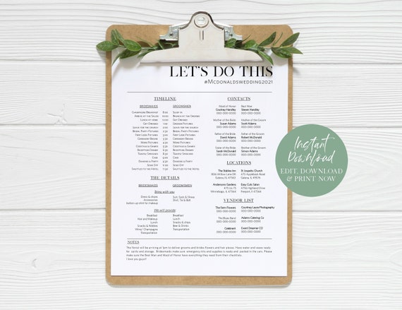 Modern Wedding Day Timeline, Wedding Party Plan, Wedding Schedule, Printable Wedding Day Itinerary, Wedding Agenda, TEMPLETT, WLP-SLI 3905