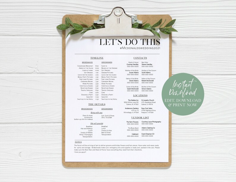 Puede incluir: Un horario de boda impreso en una tabla con pinza. El documento incluye un cronograma, informaci&oacute;n de contacto y una lista de proveedores. El texto "LET'S DO THIS" est&aacute; en la parte superior, con el hashtag #MCDONALDSWEDDING2021. Un c&iacute;rculo verde dice "Descarga instant&aacute;nea, Editar, Descargar e Imprimir ahora".