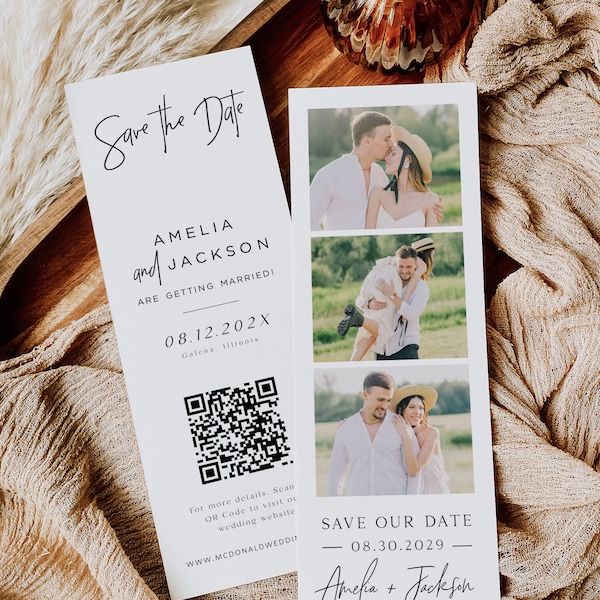 Photo Strip Save the Date, Editable Photo Booth Wedding Date Card, Modern Wedding Save the Date QR Code, Edit w Templett, WLP-PEN 7311
