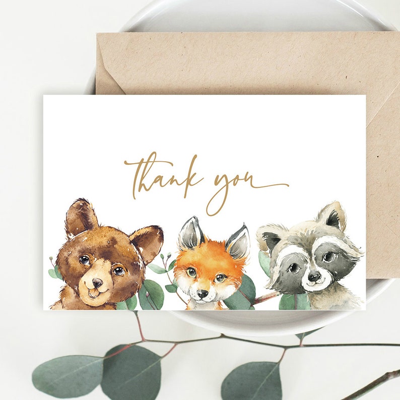 Woodland Animals Thank You Card Template Thank You Card | Etsy