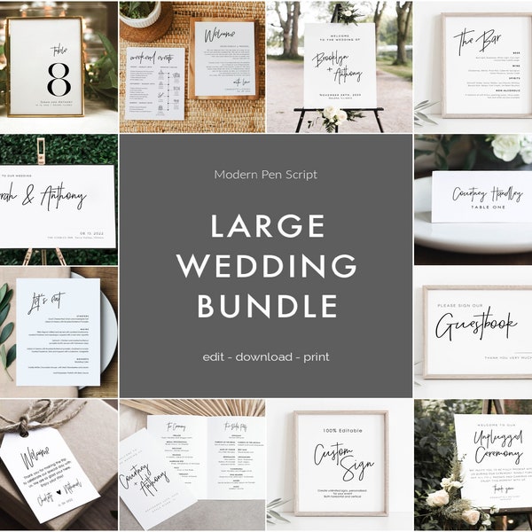 Modern Wedding Bundle, Editable Wedding Templates, 100% Editable Text, Wedding Signage Bundle, Instant Download, TEMPLETT, WLP-PEN 4456