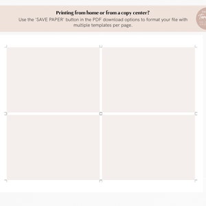 May include: A printable template with a grid layout, divided into four equal sections. The template is designed for printing multiple items on a single page, with the text "Printing from home or from a copy center?" at the top.