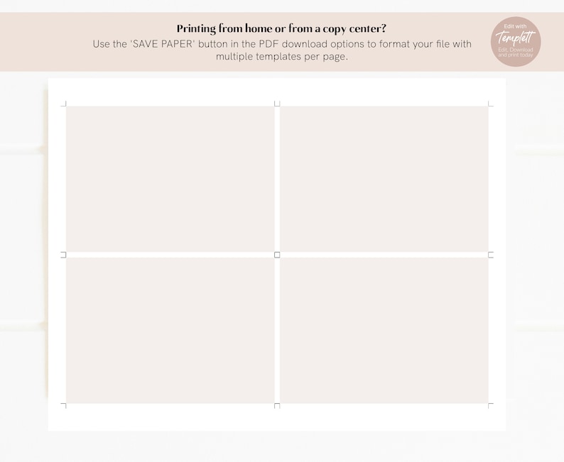 May include: A printable template with a grid layout, divided into four equal sections. The template is designed for printing multiple items on a single page, with the text "Printing from home or from a copy center?" at the top.