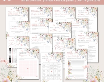 May include: A bundle of printable bridal shower games with floral designs. The games include various activities like matching Disney couples, guessing the bride's favorite things, and bingo. The text reads "35+ Floral Bridal Games Bundle".
