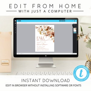 May include: A computer screen displaying a fall-themed wedding invitation with the text "FALL in love" in a cursive font. The invitation is decorated with fall leaves and flowers in shades of orange, brown, and pink. The text "EDIT FROM HOME WITH JUST A COMPUTER" is displayed above the computer screen. The text "INSTANT DOWNLOAD EDIT IN BROWSER WITHOUT INSTALLING SOFTWARE OR FONTS" is displayed below the computer screen. A blue circle with the letter "t" in white is displayed in the lower right corner of the image. The circle has the text "EDIT WITH templet" and "FULLY EDITABLE TEMPLATE" around the letter "t".