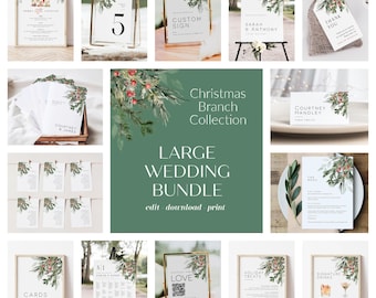 May include: A large wedding bundle featuring a Christmas branch theme. The bundle includes printable cards, signs, and other wedding stationery. The designs feature green branches, red berries, and a white background.