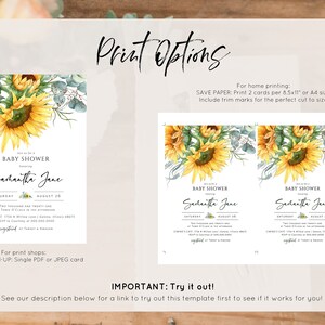 Pu&ograve; includere: Un invito per una baby shower stampabile con un design di girasole ed eucalipto. L'invito dice "Unisciti a noi per una baby shower in onore di Samantha Jane" e include la data e l'ora dell'evento. L'invito include anche istruzioni per la stampa a casa o in un negozio di stampa.