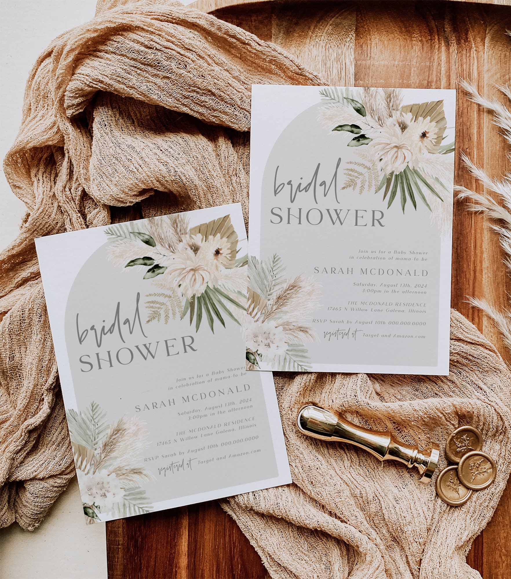Boho Bridal Shower Invitation Pampas Bridal Shower Invitation Instant Download Edit with TEMPLETT WLPBOG 4689
