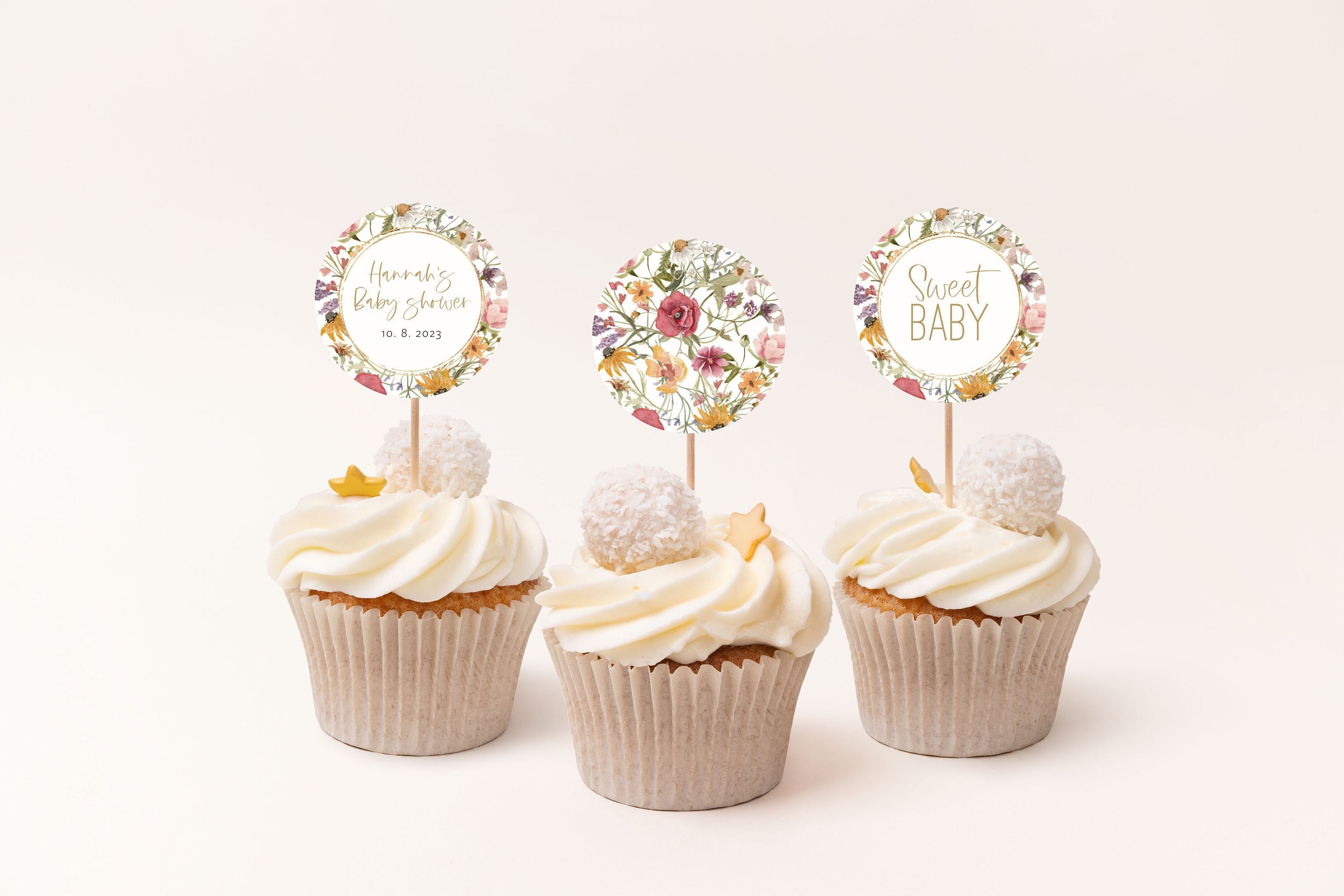 Wildflower Baby Shower Cupcake Toppers Printable Floral Cupcake Toppers Editable Baby Shower Toppers Edit with TEMPLETT