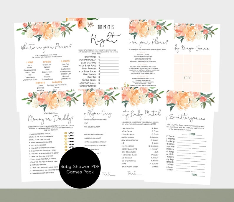 Peach Baby Shower Games Pack Baby Shower Games Template Set Etsy