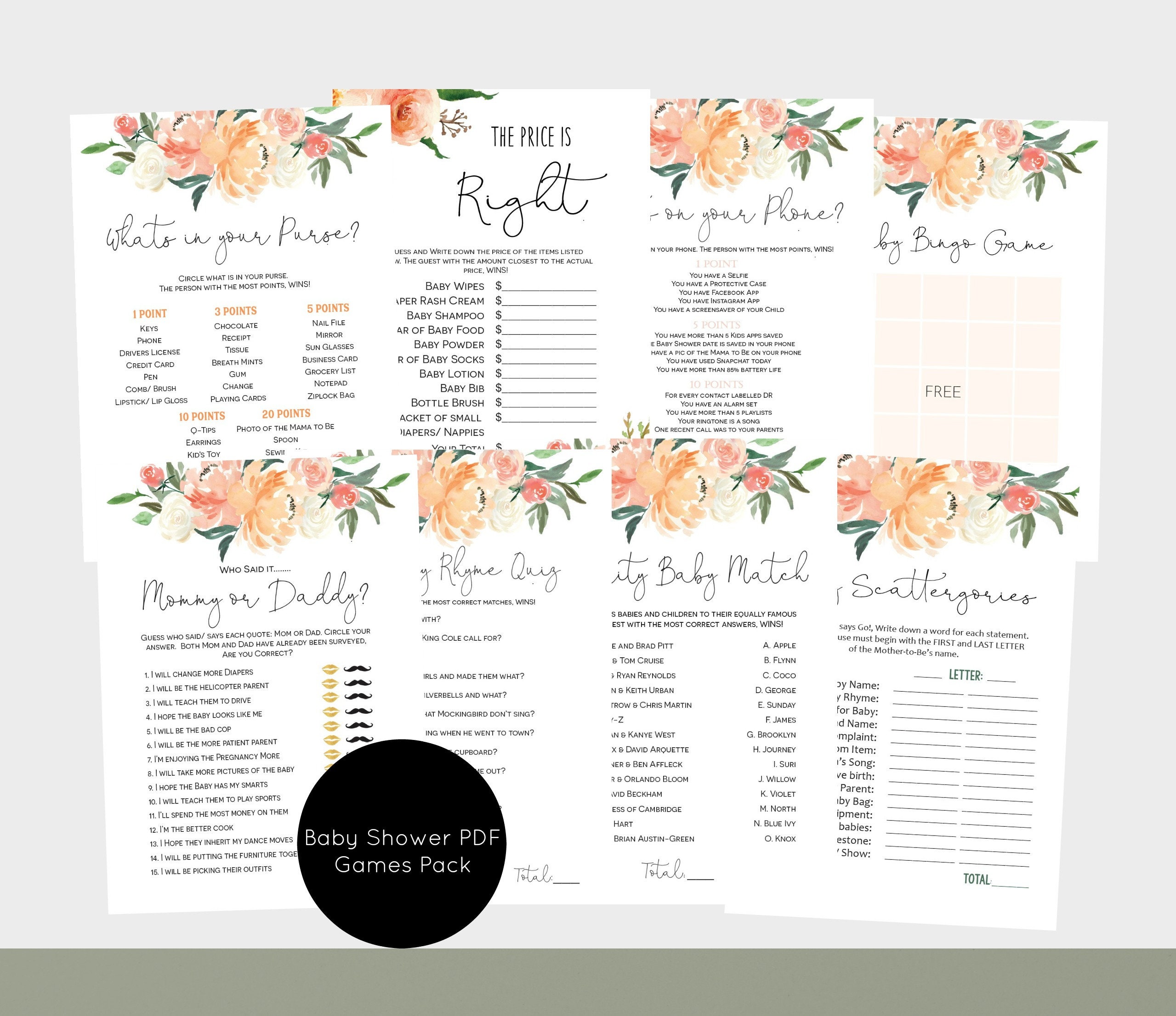 Peach Baby Shower Games Pack Baby Shower Games Template Set Etsy