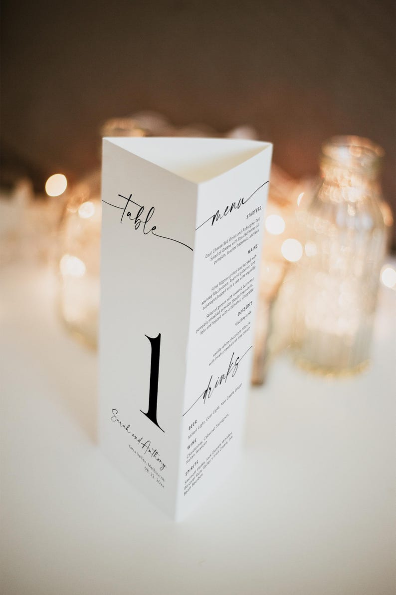 Minimalist Wedding Tri-fold Table Number, Tri-fold Table Menu, Triangle Table Stand, Modern menu, 100% Editable with TEMPLETT