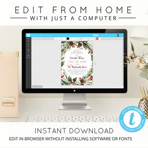 May include: A computer screen displaying a digital template for a Christmas baby shower invitation with a watercolor design of a wreath with pine branches, berries, and pinecones. The text on the invitation reads "Christmas Baby Shower" and "Samantha Tina". The text "Edit with templett" is displayed on a blue circle with a white letter "t" in the center. The text "Fully Editable Template" is displayed in a white circle around the blue circle.