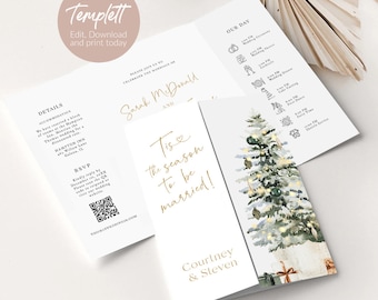 Puede incluir: Una invitación de boda blanca con letras doradas. La invitación presenta una ilustración de acuarela de un árbol de Navidad con luces y adornos. El texto dice "¡Es la temporada para casarse!" y "Courtney & Steven".