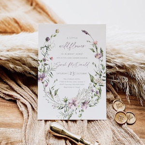 Boho BabyShower Invitation, Floral  Wreath Baby Invitation, Wildflower Baby Shower Invite, Edit with TEMPLETT, WLP-PWI 4824