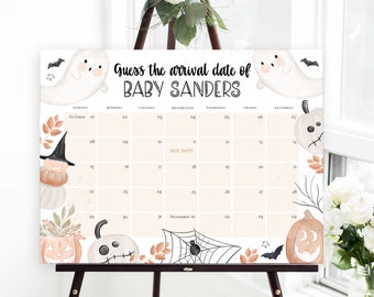 May include: A Halloween-themed baby shower game with a calendar for guests to guess the arrival date of Baby Sanders. The calendar is decorated with pumpkins, ghosts, bats, and spiders.