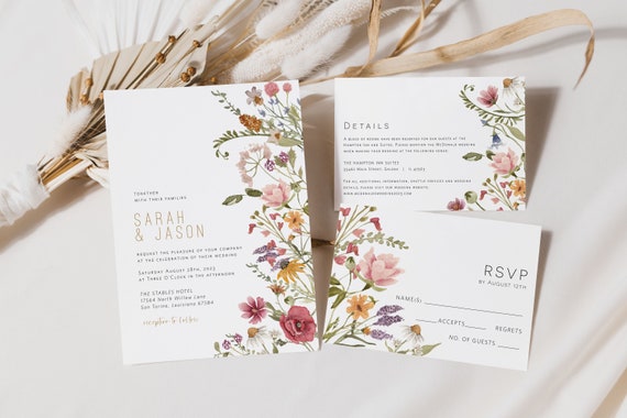 Boho Wedding Invitation Suite, Wildflower Wedding Invitation