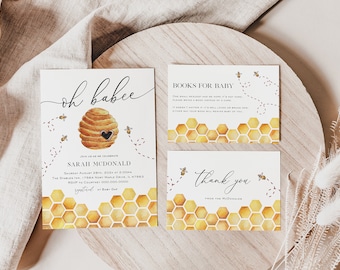 Bee Baby Shower Invitation, Baby Shower Bundle, Baby Shower Invitation Set, Bee Books for Baby Card, Diaper Raffle, TEMPLETT, WLP-BEE 3299