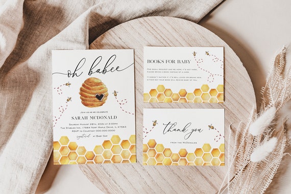 Bee Baby Shower Invitation, Baby Shower Bundle, Baby Shower Invitation Set, Bee Books for Baby Card, Diaper Raffle, TEMPLETT, WLP-BEE 3299