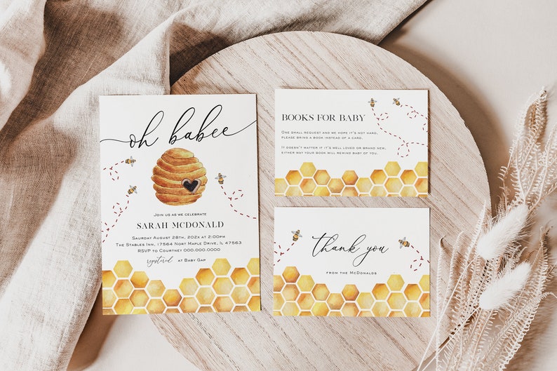 Bee Baby Shower Invitation, Baby Shower Bundle, Baby Shower Invitation Set, Bee Books for Baby Card, Diaper Raffle, TEMPLETT, WLP-BEE 3299 bild 1