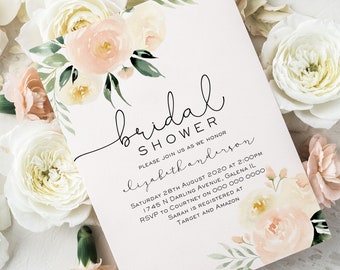 Blush Bridal Shower Invitation Template, Bridal Shower Invitation Printable, Instant Download, Edit with TEMPLETT, WLP-BLU 751