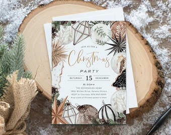 May include: A Christmas party invitation with a watercolor design featuring ornaments, pine branches, and a star. The text reads "Join us for a Christmas Party, Saturday, December 15, 6:30PM, The McDonalds Home, 1856 Willow Drive, Galena Illinois, RSVP to Courtney 000.000.0000, Bring a plate of Christmas goodies to share!"