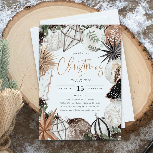 Christmas Invitation, Christmas Rustic Party Invitation, Holiday Ornament Invitation, Farmhouse Christmas, Edit with TEMPLETT, WLP-5212