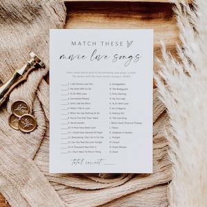 Wedding Movie Love Song Match Game, Romantic Movie Song Trivia, Minimalist Bridal Shower GAme, Edit with TEMPLETT, WLP-LIN 7221