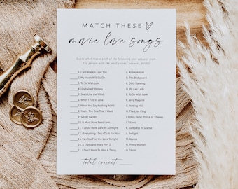 Wedding Movie Love Song Match Game, Romantic Movie Song Trivia, Minimalist Bridal Shower GAme, Edit with TEMPLETT, WLP-LIN 7221