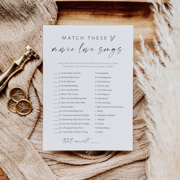 Wedding Movie Love Song Match Game, Romantic Movie Song Trivia, Minimalist Bridal Shower GAme, Edit with TEMPLETT, WLP-LIN 7221
