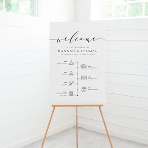 May include: A white welcome sign with black text and icons for a wedding. The sign lists the wedding ceremony, cocktail hour, dinner and dancing, and a send-off. The text reads "Welcome to the wedding of Hannah & Thomas September 24th, 2023 | Chicago, Illinois"