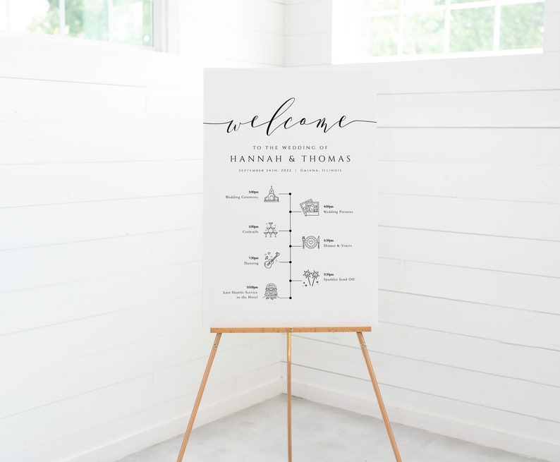 May include: A white welcome sign with black text and icons for a wedding. The sign lists the wedding ceremony, cocktail hour, dinner and dancing, and a send-off. The text reads "Welcome to the wedding of Hannah & Thomas September 24th, 2023 | Chicago, Illinois"