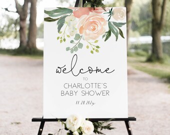 Baby Shower Welcome Sign, Welcome Poster, Peach Flower Welcome Sign, Instant Download, Edit with TEMPLETT, WLP-PEA 714