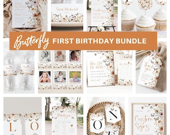 May include: A first birthday party printable bundle featuring a butterfly theme. The bundle includes a variety of items, such as invitations, banners, cupcake toppers, and signs. The design features a watercolor butterfly with floral accents in shades of pink, orange, and green.