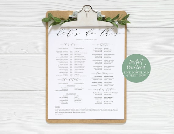 Wedding Day Timeline, Wedding Party Timeline, Wedding Schedule, Printable Wedding Day Itinerary, Wedding Agenda, TEMPLETT, WLP-SCR 3903
