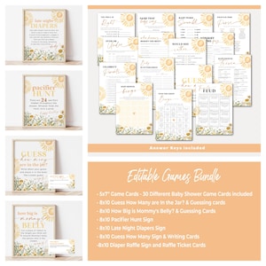 K&ouml;nnte beinhalten: Ein Set druckbarer Babyparty-Spiele mit einem Sonnenblumen- und Blumendesign. Die Spiele beinhalten "Late Night Diapers", "Pacifier Hunt", "Guess How Many are in the Jar", "How Big is Mommy's Belly", "Baby Shower Bingo", "Find the Guest Bingo", "Guess How's the Feud", "Name That Baby Song", "The Price is Right", "Over or Under", "Who Knows Mommy Best", "Would She Rather", "Nursery Rhyme", "What's in the Purse", "Celebrity Friends", "Baby Scattergories", and "Guess How Many Sign & Writing Cards".