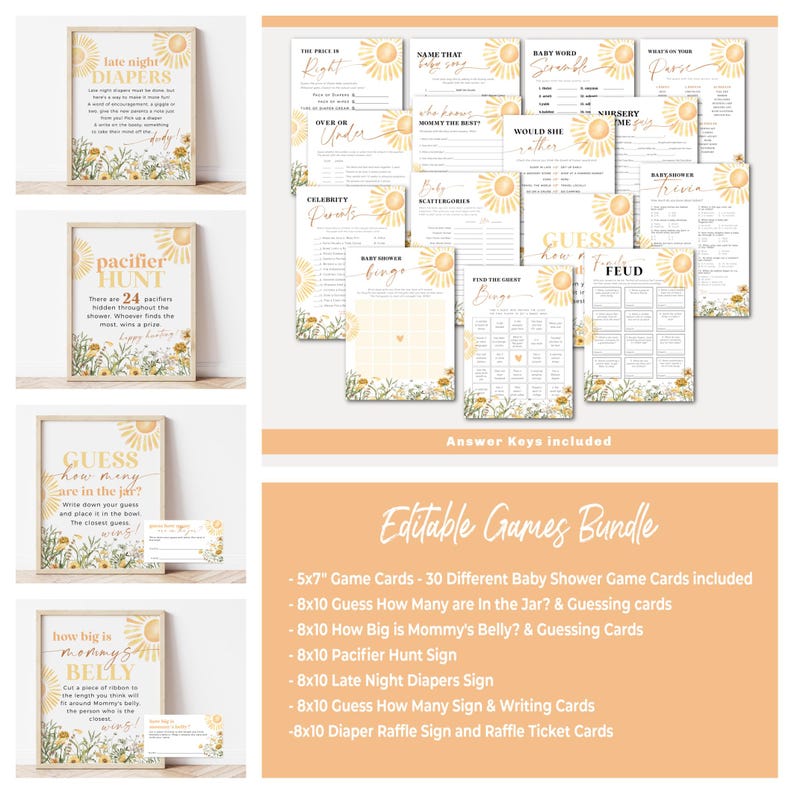 K&ouml;nnte beinhalten: Ein Set druckbarer Babyparty-Spiele mit einem Sonnenblumen- und Blumendesign. Die Spiele beinhalten "Late Night Diapers", "Pacifier Hunt", "Guess How Many are in the Jar", "How Big is Mommy's Belly", "Baby Shower Bingo", "Find the Guest Bingo", "Guess How's the Feud", "Name That Baby Song", "The Price is Right", "Over or Under", "Who Knows Mommy Best", "Would She Rather", "Nursery Rhyme", "What's in the Purse", "Celebrity Friends", "Baby Scattergories", and "Guess How Many Sign & Writing Cards".