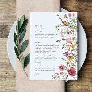 Wildflower Wedding Menu Template, Floral Printable Menu Card, 5x7", 4x6", Wedding Menu Printable, Edit with TEMPLETT, WLP-WIL 4696