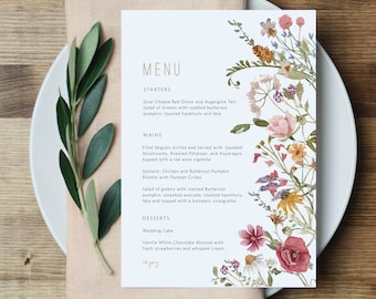 Wildflower Wedding Menu Template, Floral Printable Menu Card, 5x7", 4x6", Wedding Menu Printable, Edit with TEMPLETT, WLP-WIL 4696