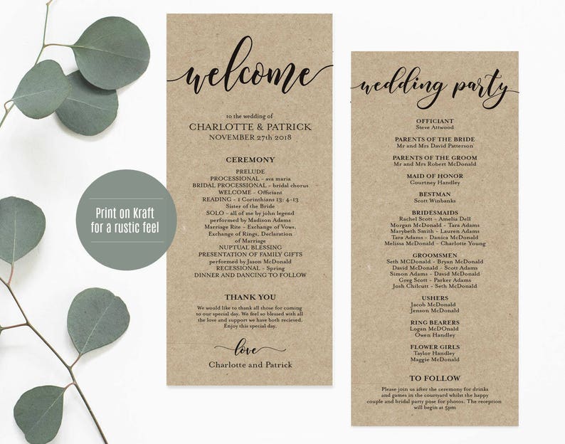Wedding Program, Wedding Program Printable, Rustic Ceremony Program Template, DIY Wedding Program, Edit with TEMPLETT, WLP524 image 3