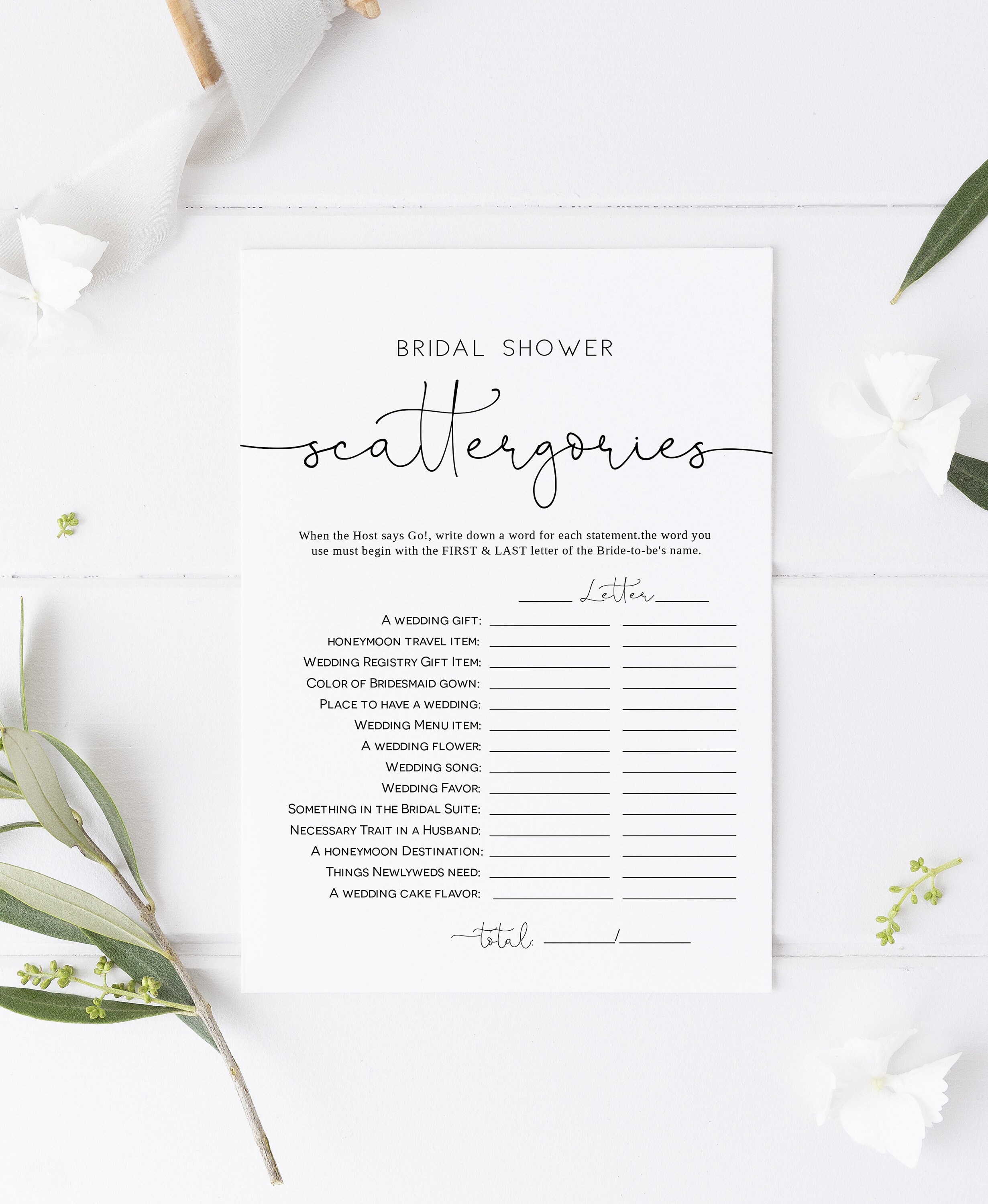 Minimalist Scattergories Game, Scattergories Game Card, Printable Bridal Shower Game, Script Bridal Shower, Edit with TEMPLETT, WLP-ODA 4103
