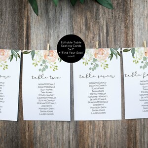 May include: Four printable table cards with floral designs and names of guests for a wedding reception. The cards are labeled "table one", "table two", "table seven", and "table fourteen".