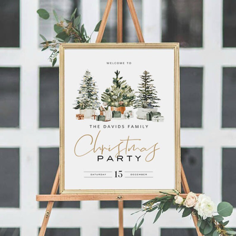 May include: A white sign with gold trim and a welcome to the Davids family Christmas party sign. The sign features a watercolor illustration of three Christmas trees with presents underneath. The text reads "Welcome to The Davids Family Christmas Party Saturday 15 December".