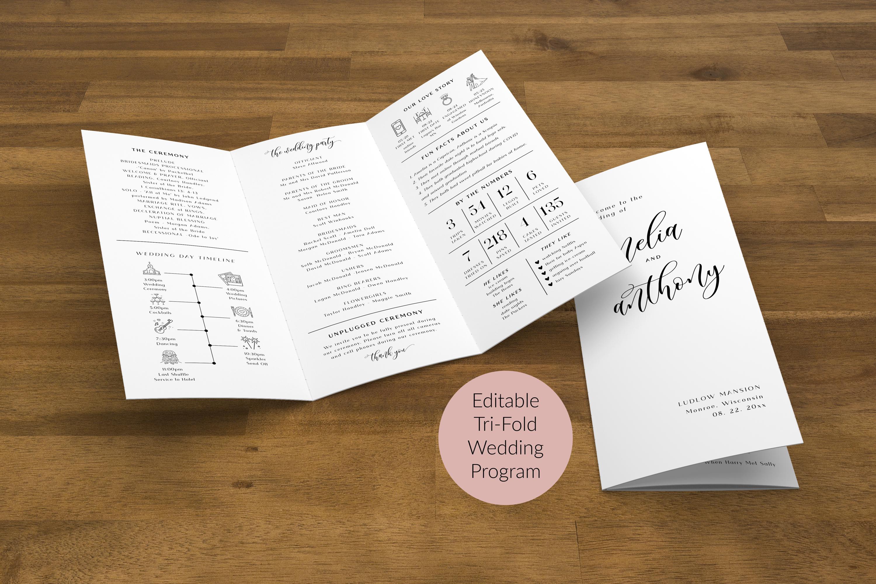 Trifold Wedding Program, Tri-fold Wedding Ceremony Program, Folded ...