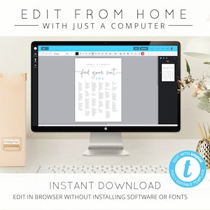May include: A computer screen displaying a wedding seating chart template with the text "find your seat". The template is editable and can be downloaded instantly. The text "EDIT WITH templet" is on a blue circle with a white letter "t" in the center.