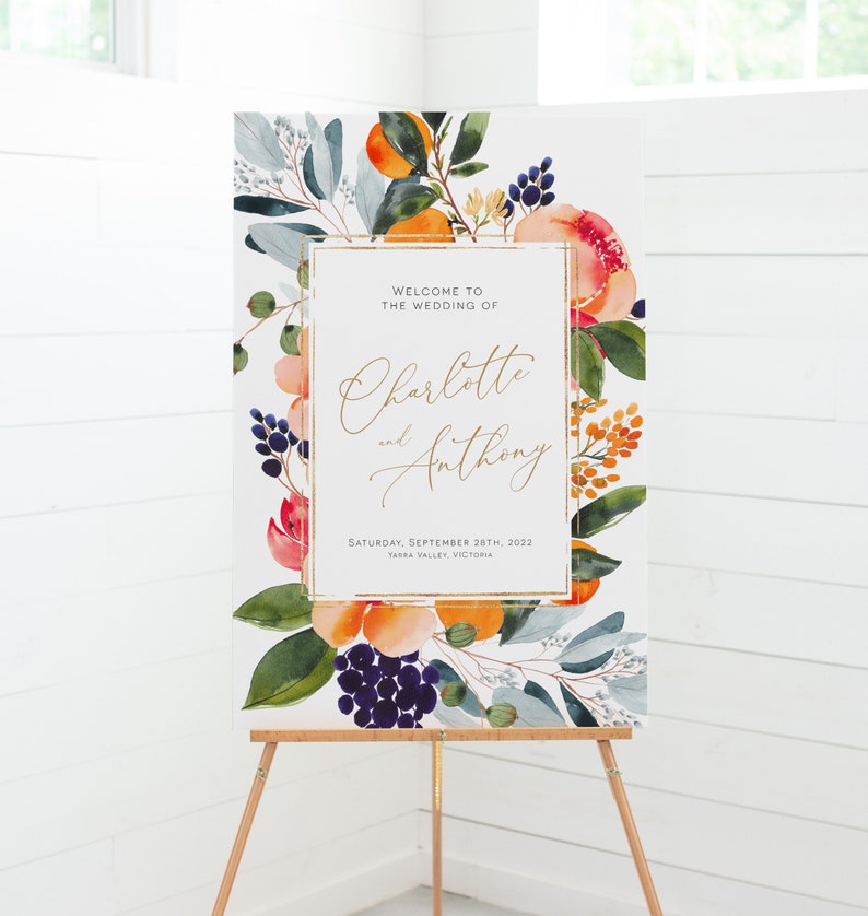 Printable Wedding Welcome Sign, Navy Welcome to our Wedding Poster, Citrus Welcome Poster, Edit with TEMPLETT, WLP-NOR 2283 image 2